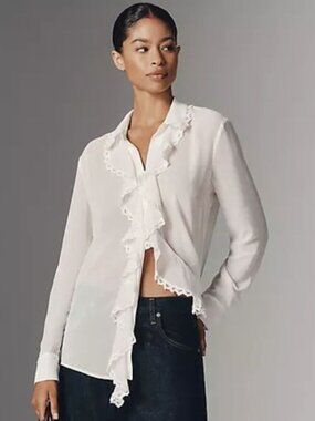 Bardot Jolanda Ruffle Front Button-Up Shirt Women's Size US 2/UK 6 White